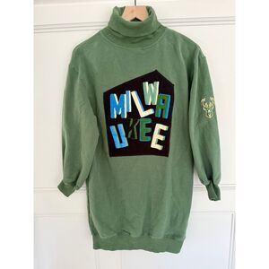 FISLL Milwaukee Bucks Sweatshirt Dress XS Oversized Turtleneck NBA Retro Green